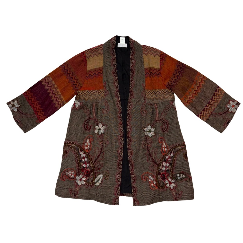 Soft Surroundings Embroidered‎ Wool Blend Kimono Jacket M Paisley Floral Boho